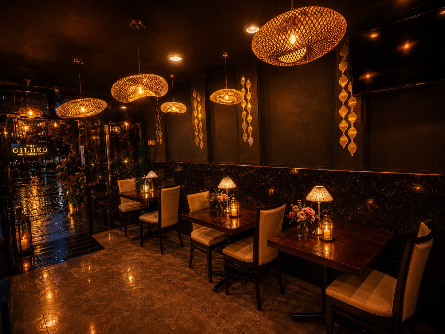 The Gilded Lounge storefront at night